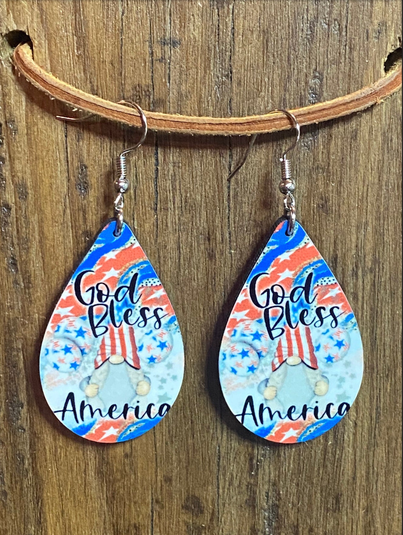 God Bless America Gnome Wood Earrings