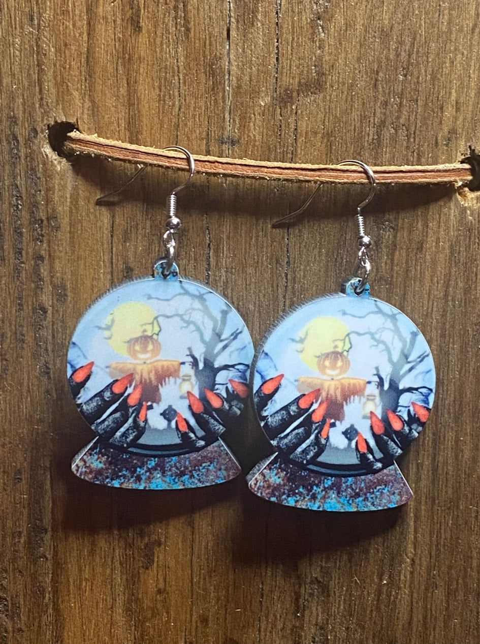 Spooky Halloween Scarecrow Snow Globe Wood Earrings