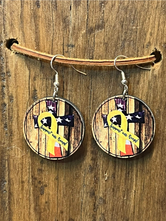 Support Our Troops Wood Yellow Ribbon Earrings