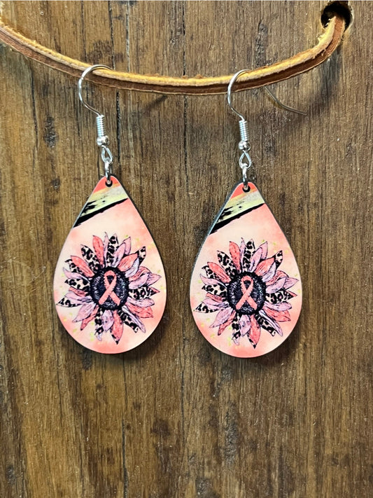 Pink Ribbon Awareness Wood Earrings