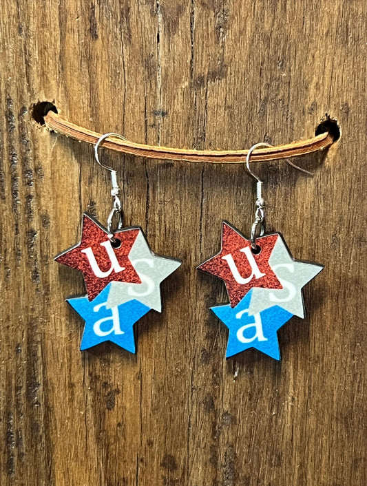 USA Red, Silver & Blue Star Wood Earrings