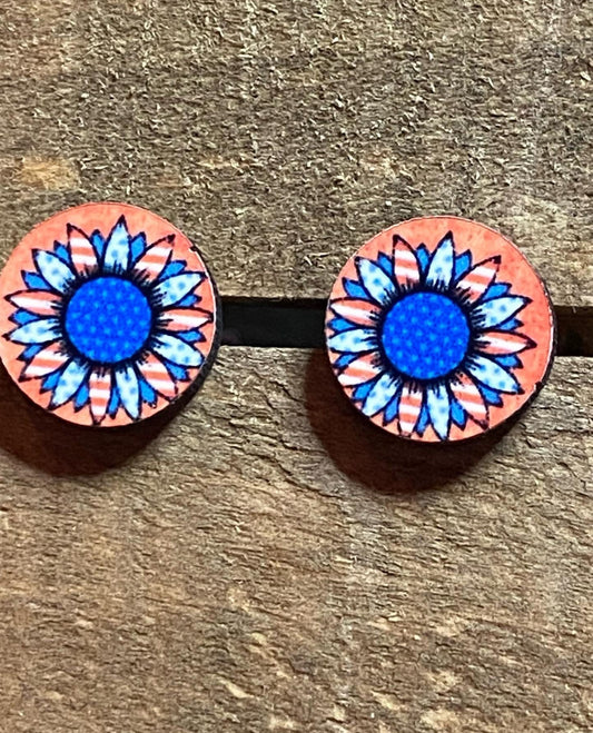 Red White and Blue Sunflower Stud Wood Earrings