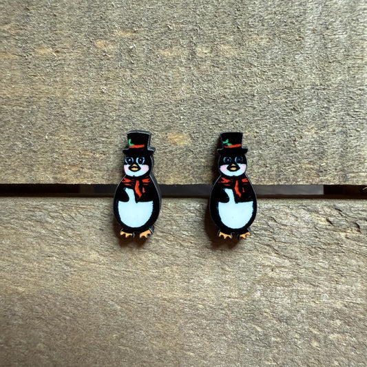 Holiday Penguin Stud Wood Earrings