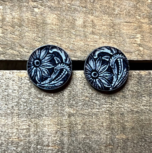 Black Tooled Leather Wood Stud Earrings