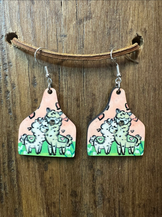 Alpaca Valentine’s Ear Tag Wood Earrings