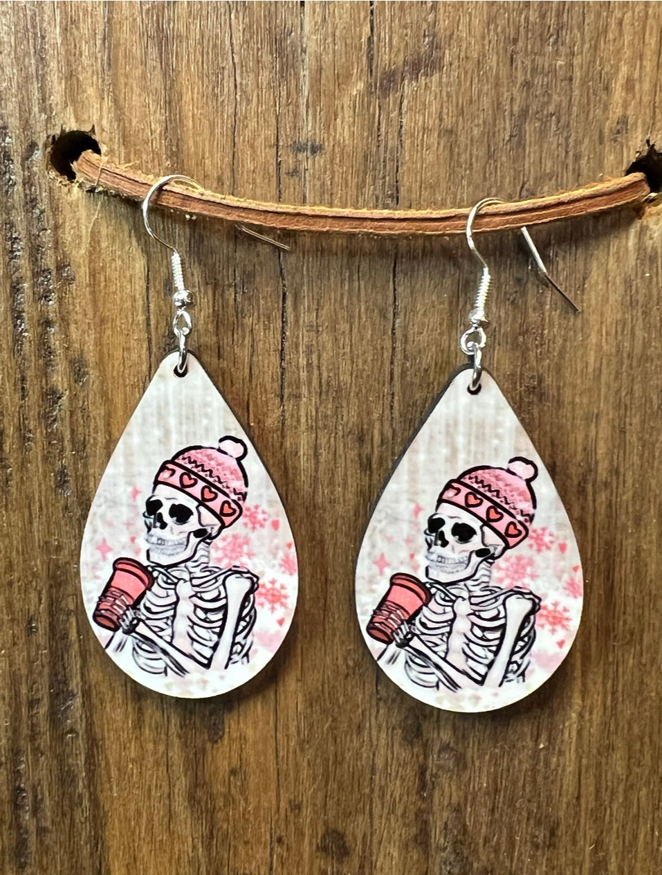 Skeleton Latte Valentine Wood Earrings