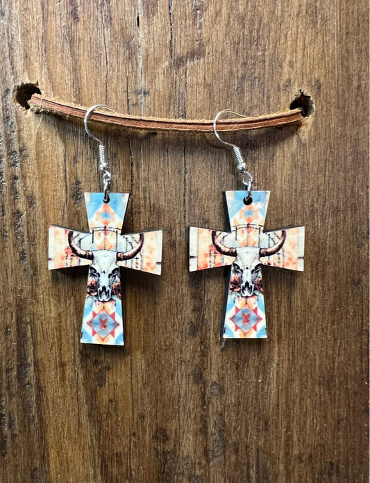 Western Bull Skull Wood Cross Earrings