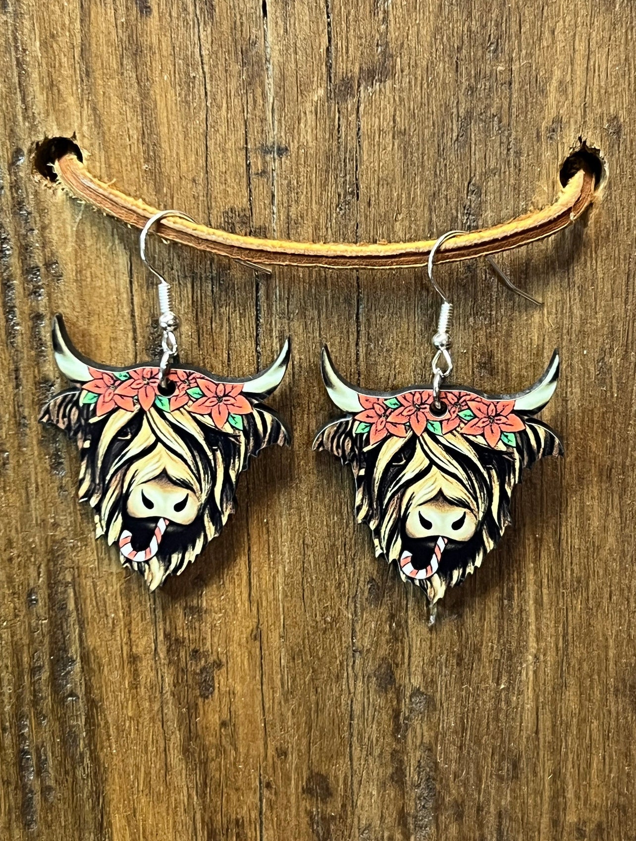 Poinsettias Highland Cow Wood Earrings