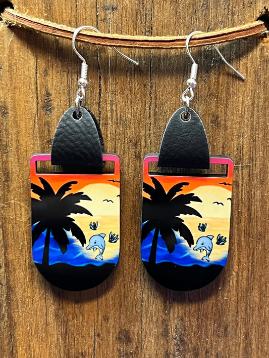 Palm Trees and Dolphins Wood Earrings