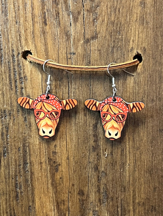 Bandana Cow with Glasses Wood Earrings