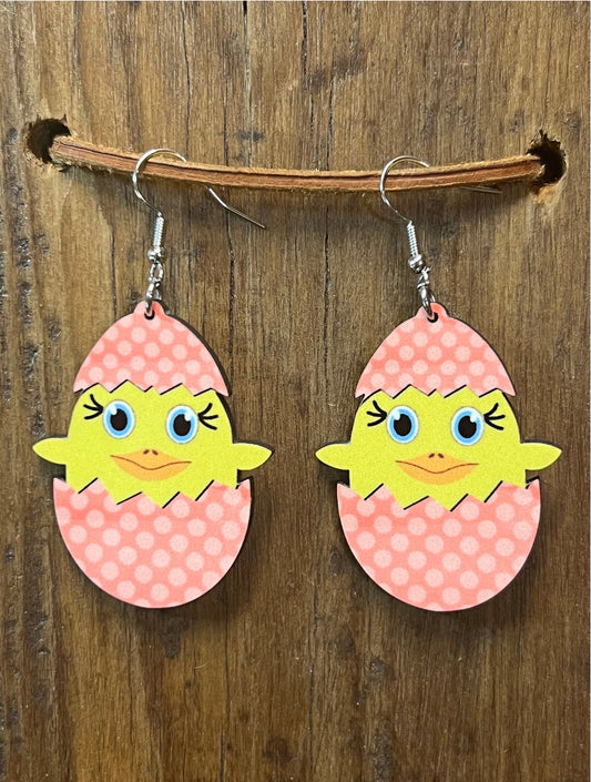 Easter Egg Chick Wood Earrings