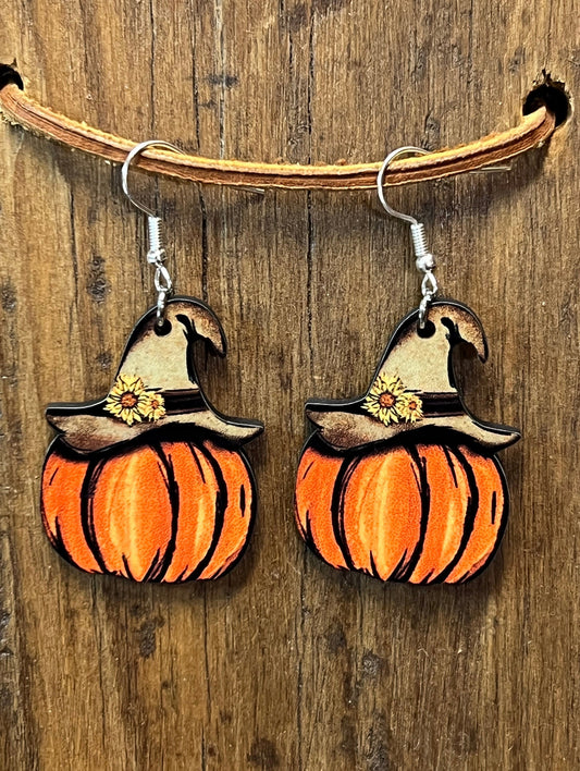 Fall Pumpkin Scarecrow Wood Earrings