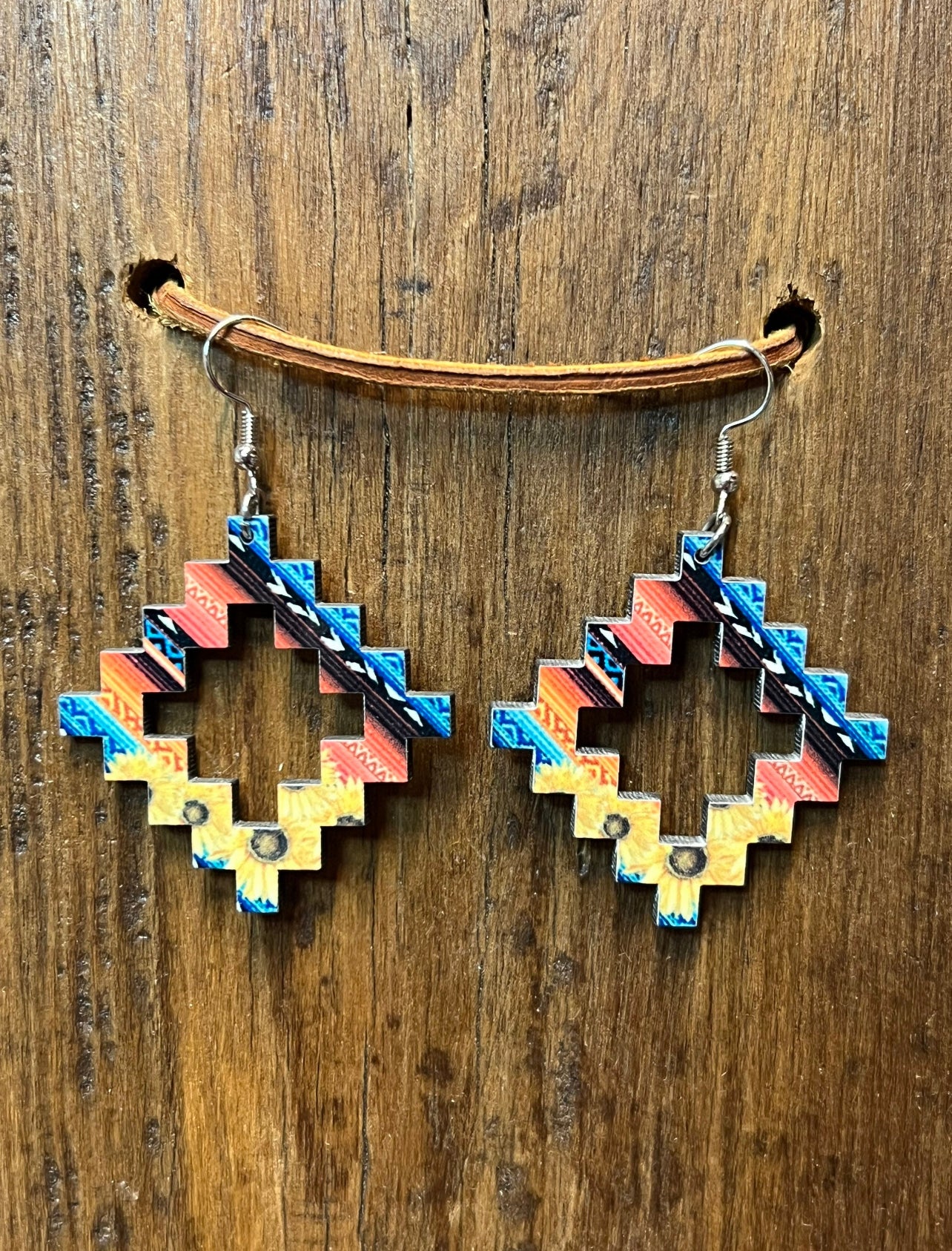 Serape and Sunflower Aztec Wood Earrings