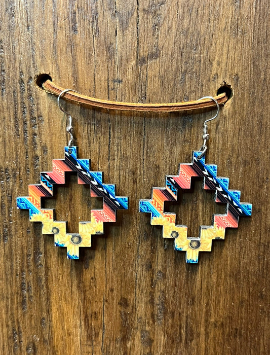 Serape and Sunflower Aztec Wood Earrings