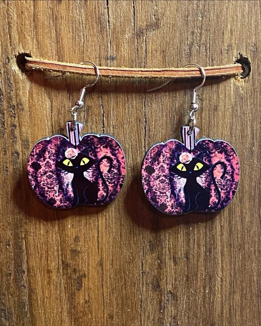 Halloween Black Cat Wood Pumpkin Earrrings