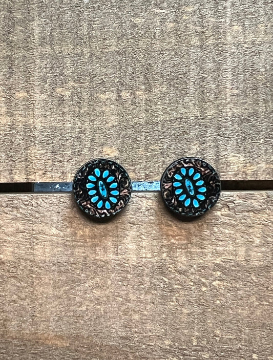 Western Tooled Leather and Turquoise Wood Stud Earrings