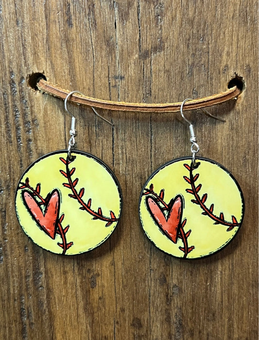 Softball with Heart Wood Earrings