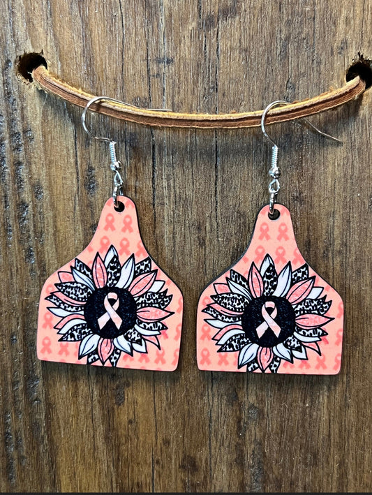 Pink Ribbon Wood Ear Tag Earrings