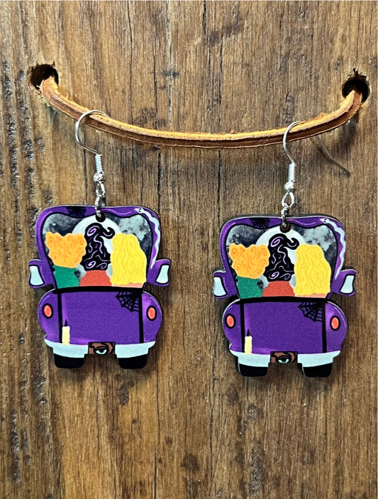 Halloween Sisters Wood Truck Earrings