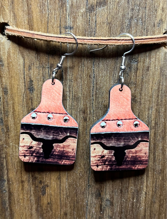 Long Horn Wood Ear Tag Earrings