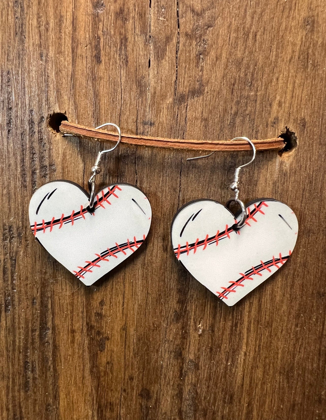 Baseball Heart Wood Earrings