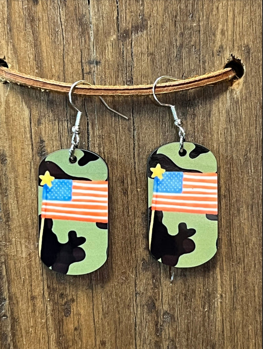 American Flag Camouflage Dog Tag Wood Earrings