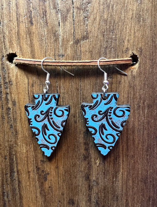 Western Tooled Leather Arrowhead Wood Earrings