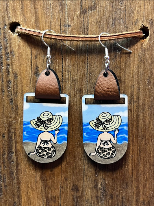 Beach Wood Earrings w/ Faux Leather