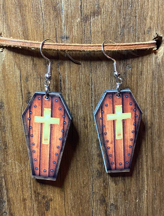 Cross Coffin Wood Earrings