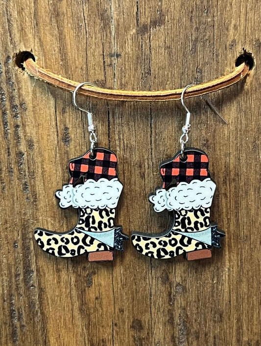 Cheetah Print Santa Hat Boots Wood Earrings