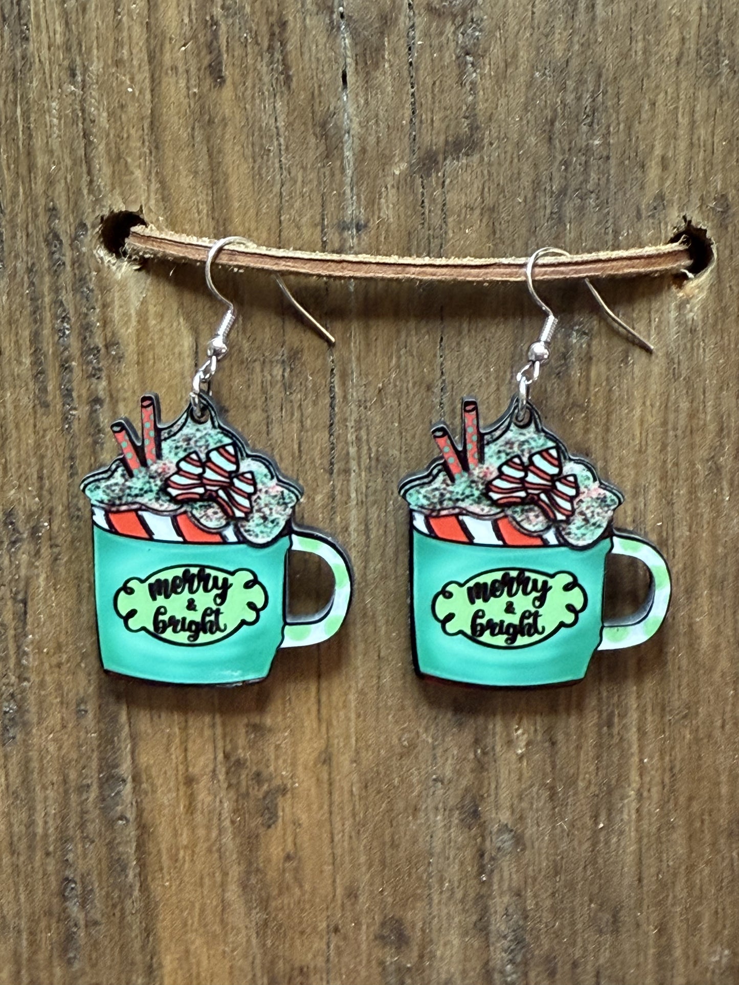 Merry & Bright Coffee Mug Wood Earrings