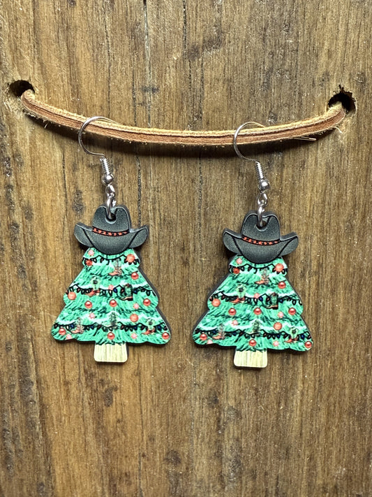 Cowboy Christmas Tree Wood Earrings