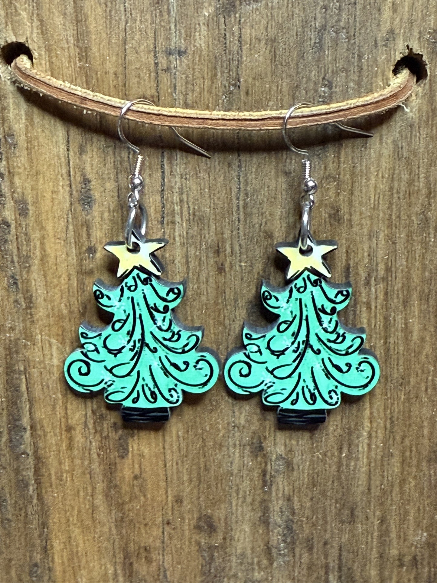 Swirl Christmas Tree Wood Earrings