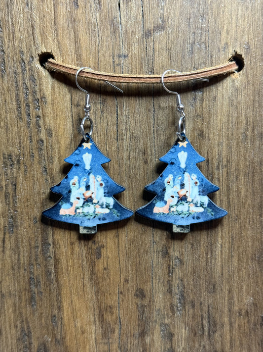 Nativity Christmas Tree Wood Earrings