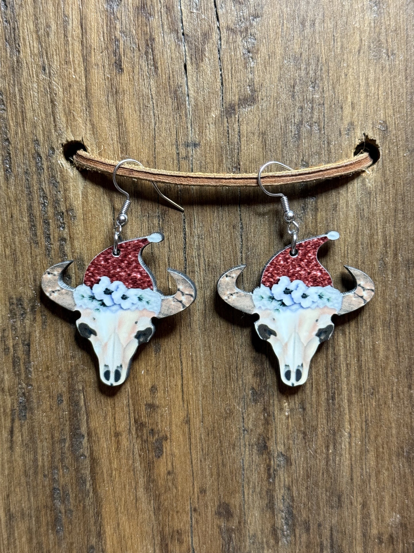 Bull Skull Santa Hat Wood Earrings