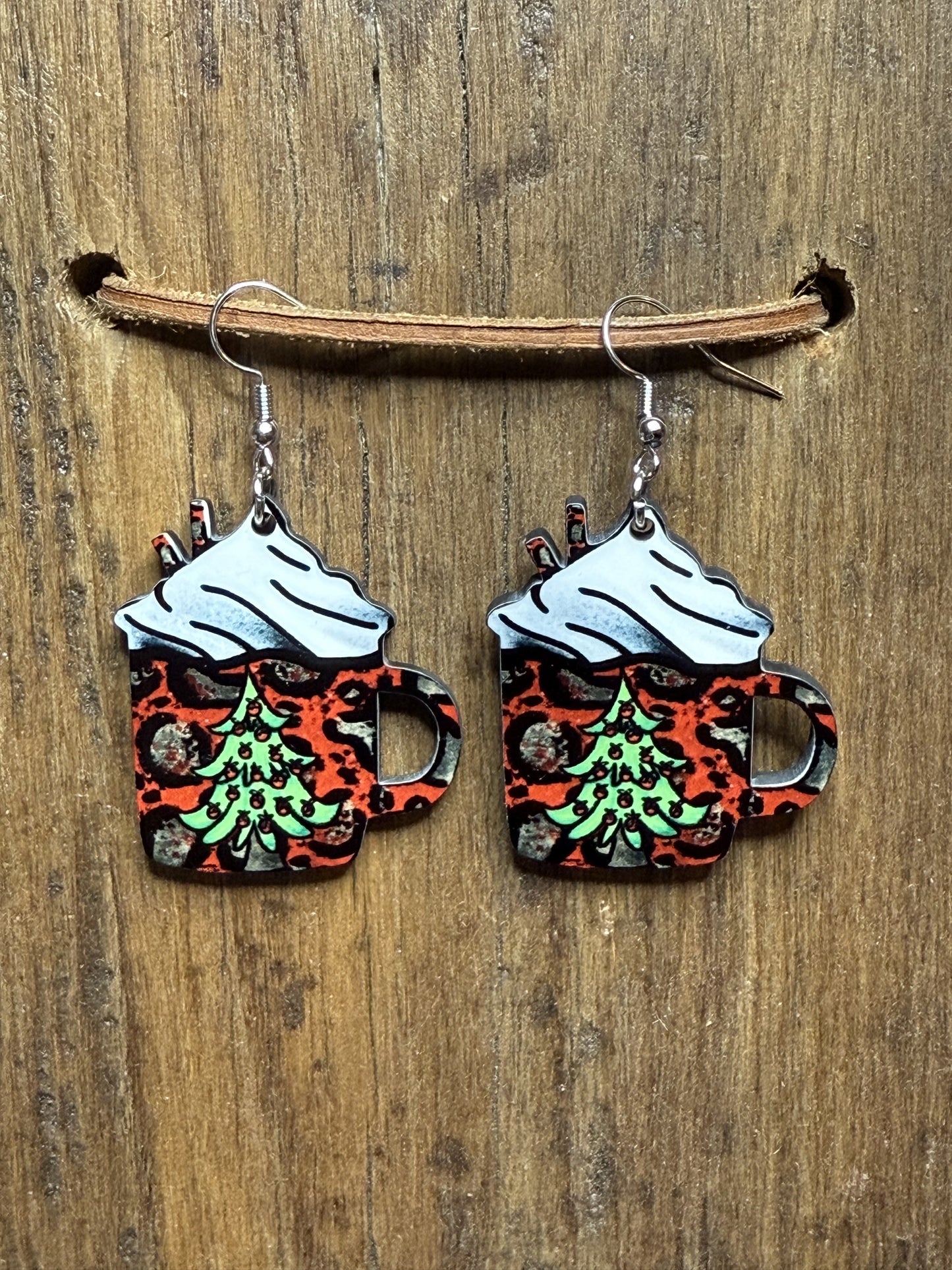 Cheetah Christmas Tree Coffee Mug Wood Earrings