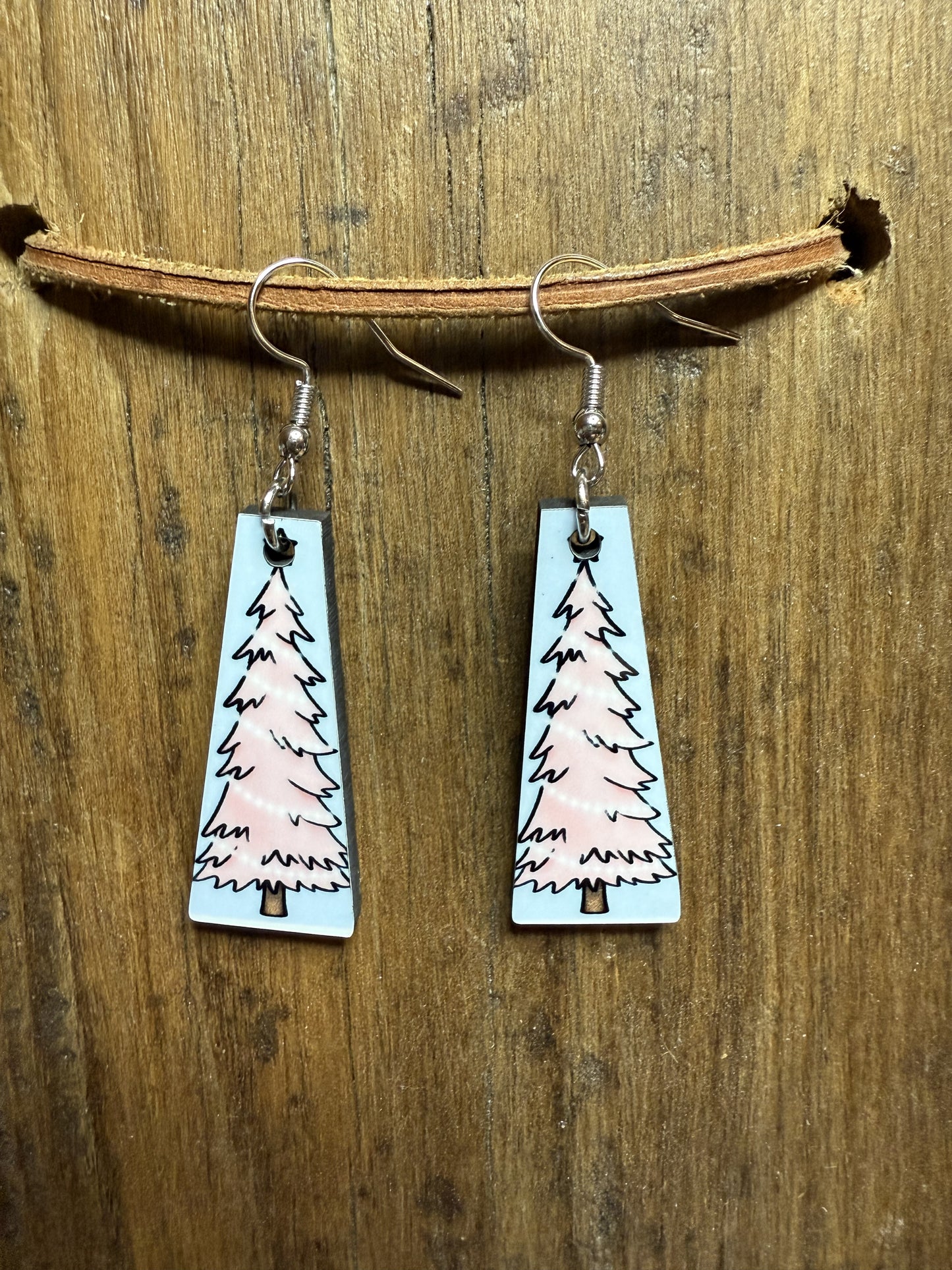 Pink Christmas Tree Wood Earrings