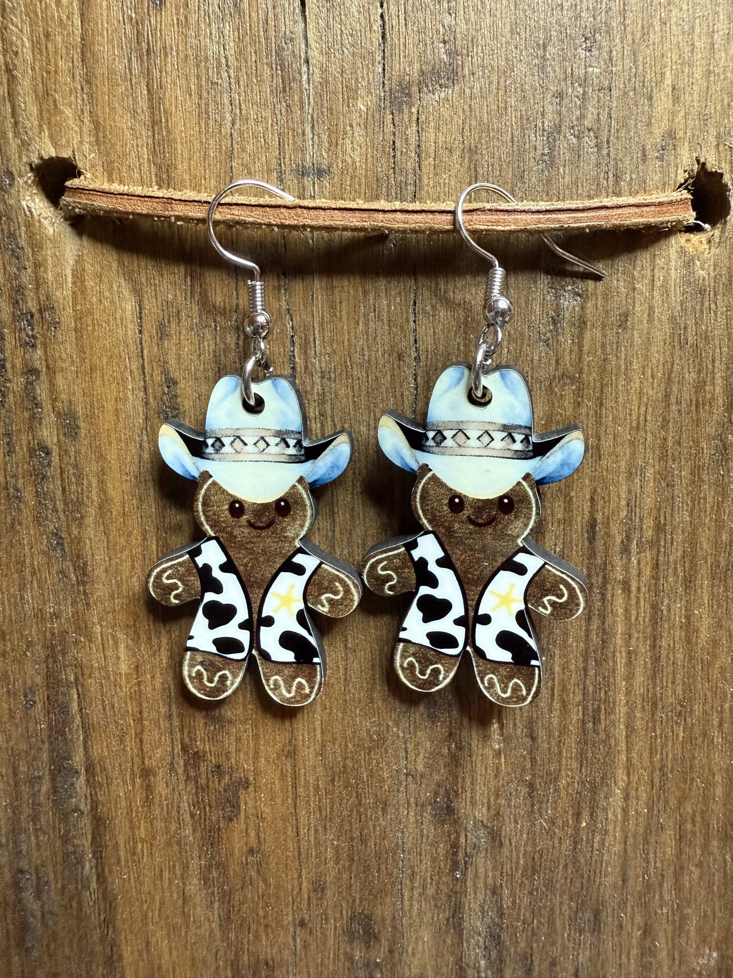 Cow Print Cowboy Gingerbread Man Wood Earrings