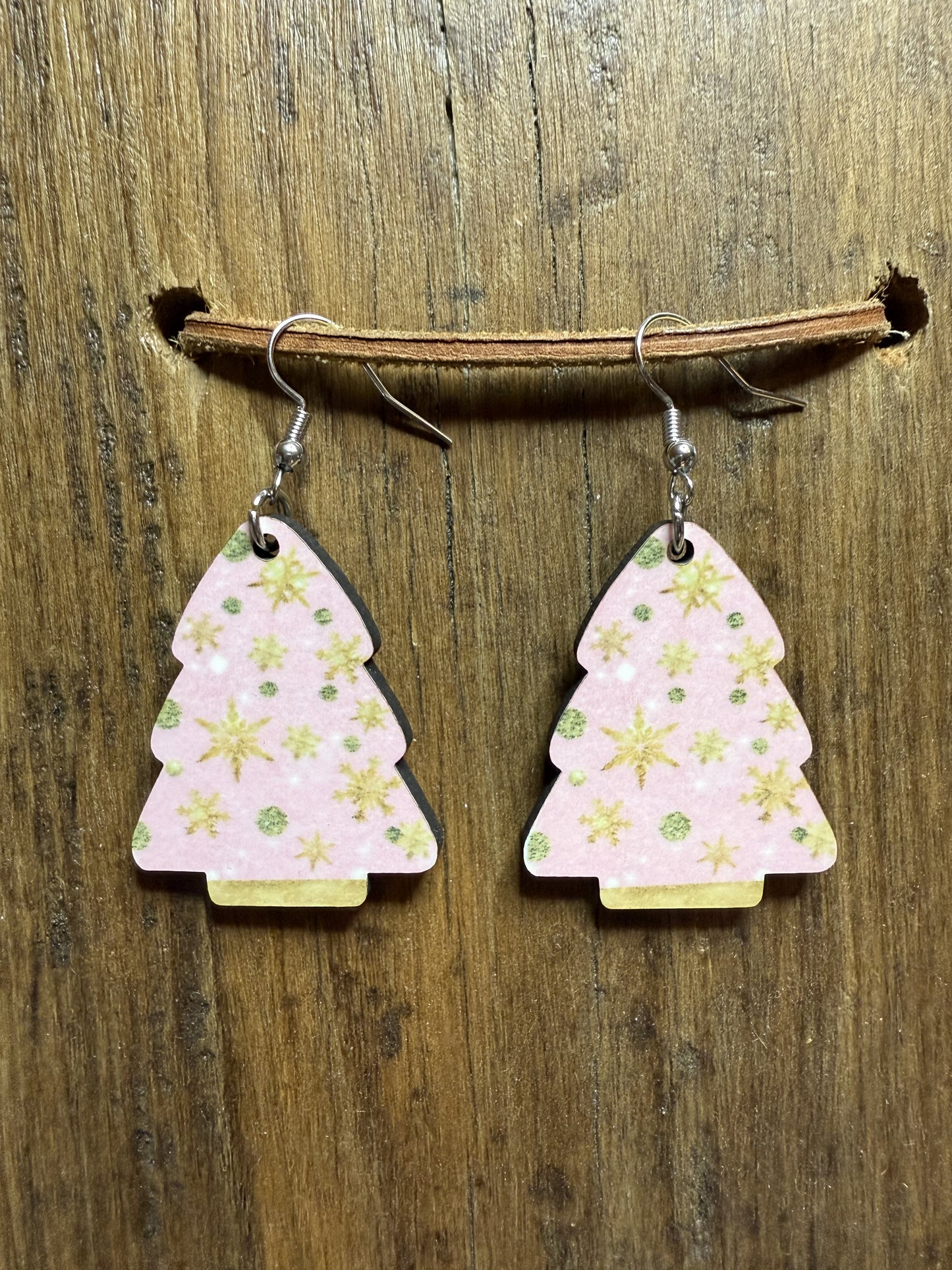 Pink Christmas Tree Wood Earrings