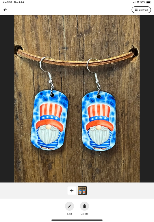 Americana Gnome Dog Tag Wood Earrings