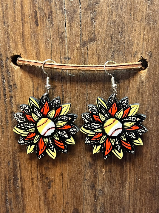 Baseball Softball Sunflower Wood Earrings