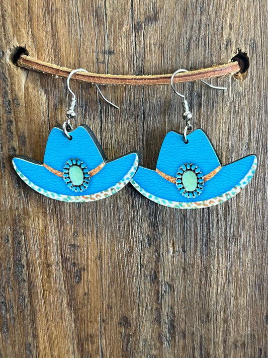 Cheetah and Turquoise Wood Cowboy Hat Earrings