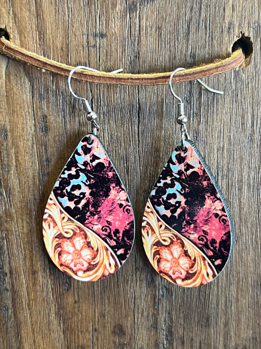 Floral Print Wood Teardrop Earrings