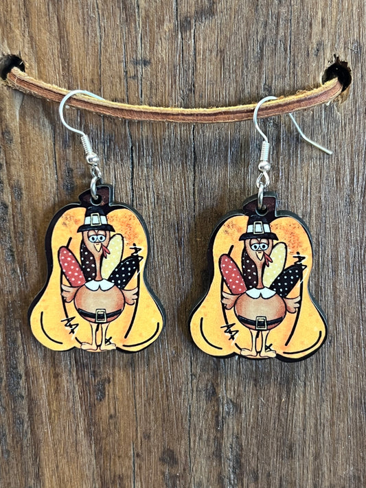 Pumpkin Pilgrim Turkey Wood Earrings