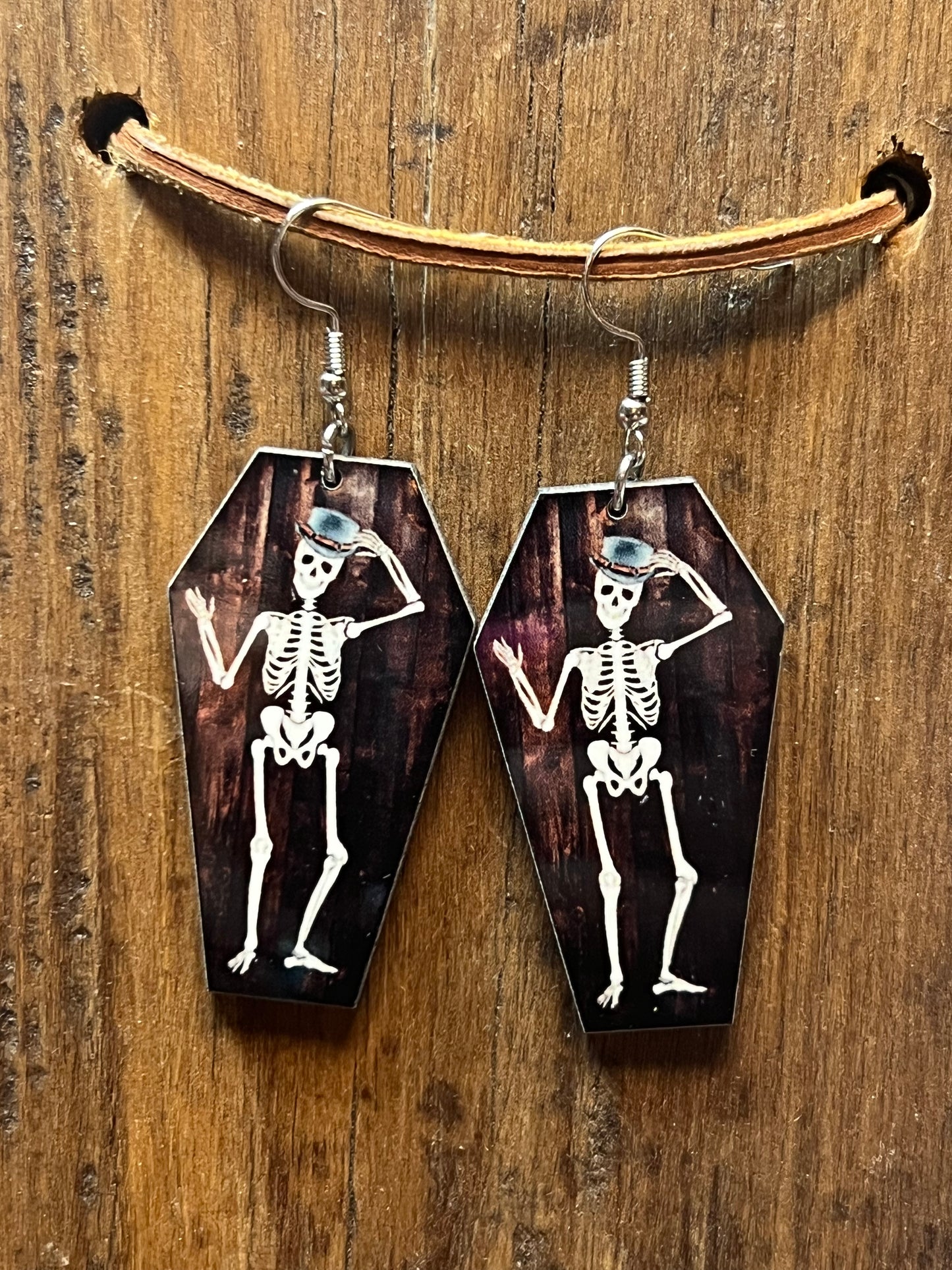 Skeleton Coffin Wood Earrings