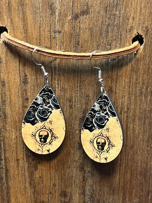 Black Roses and Skull Wood Earrings