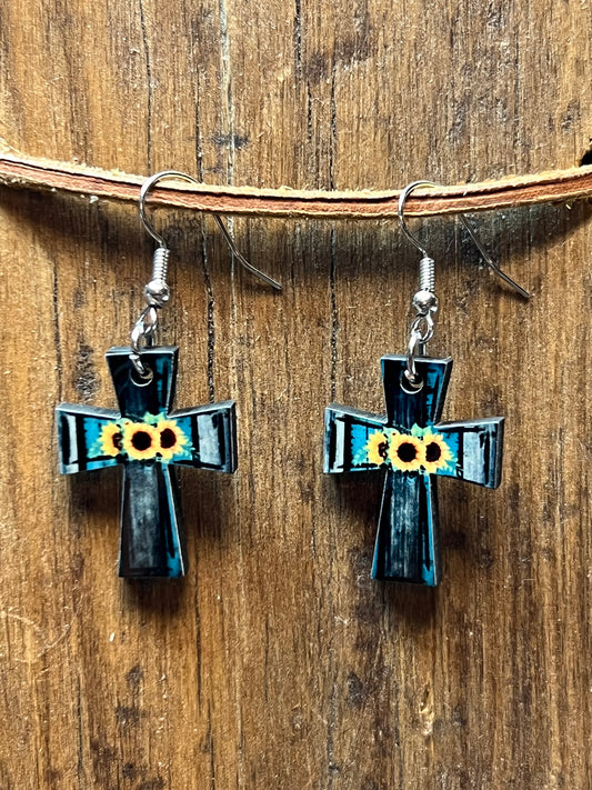 Mini Cross with Sunflowers Wood Earrings