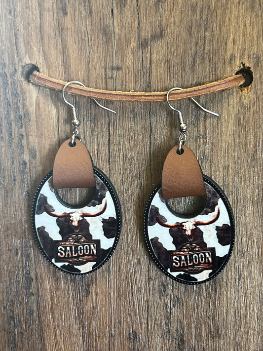 Saloon Cow Print with Faux Leather Wood Earrings