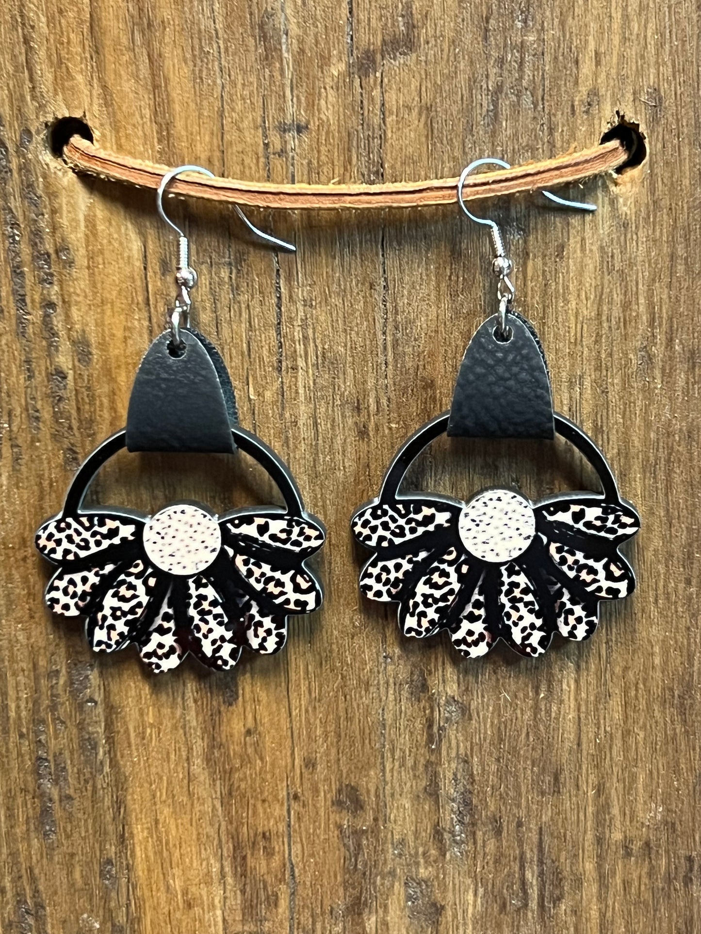 Cheetah Sunflower Wood Earrings with Faux Leather Strap