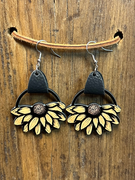 Sunflower with Faux Leather Wood Earrings